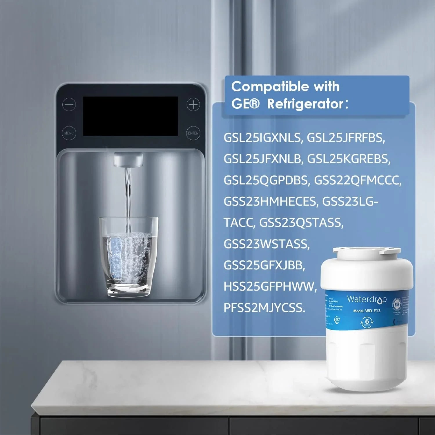 Waterdrop WD-F13 Replacement for GE® MWF®, SmartWater® MWFP, MWFINT, MWFA, GWF, HDX FMG-1, Kenmore® 9991, GSE25GSHECSS, WFC1201 Water Filter, 1 Pack, 2 pack, 3 pack, 4 pack