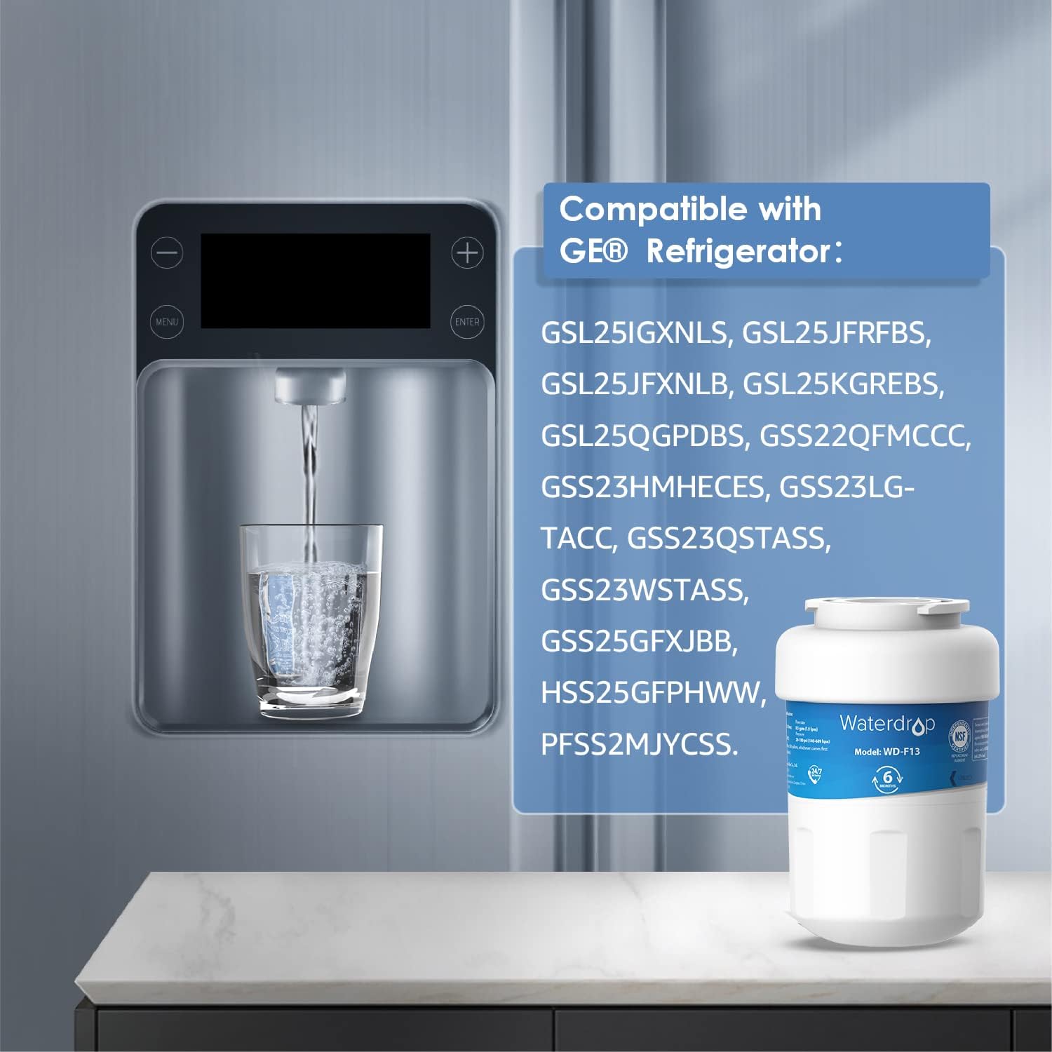 Waterdrop WD-F13 Replacement for GE® MWF®, SmartWater® MWFP, MWFINT, MWFA, GWF, HDX FMG-1, Kenmore® 9991, GSE25GSHECSS, WFC1201 Water Filter, 1 Pack, 2 pack, 3 pack, 4 pack