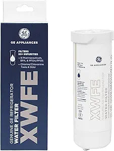 GE XWFE genuine refrigerator water filter with chip, front view