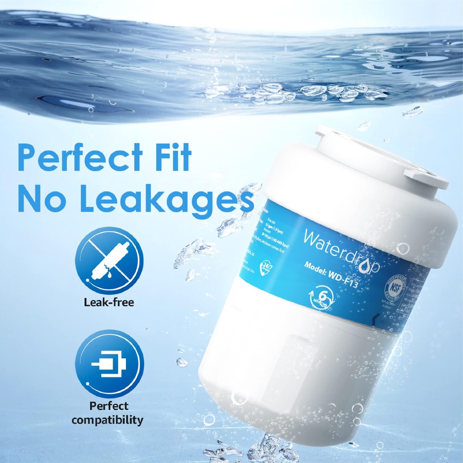 Waterdrop WD-F13 Replacement for GE® MWF®, SmartWater® MWFP, MWFINT, MWFA, GWF, HDX FMG-1, Kenmore® 9991, GSE25GSHECSS, WFC1201 Water Filter, 1 Pack, 2 pack, 3 pack, 4 pack