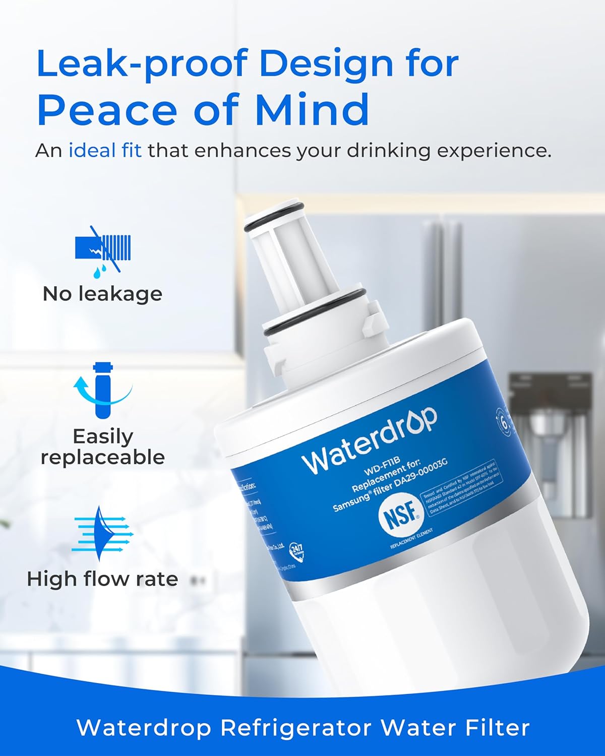 Waterdrop DA29-00003G Refrigerator Water Filter, Replacement for Samsung®, DA29-00003B, DA29-00003A, Aqua-Pure Plus, HAFCU1, RFG237AARS, FMS-1, RS22HDHPNSR, RSG257AARS, 3 Filters (Package May Vary)